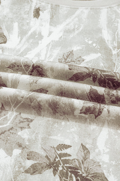 Gray Leafy Camo Print Exposed Seam Patchwork Baggy Slit Sweatshirt