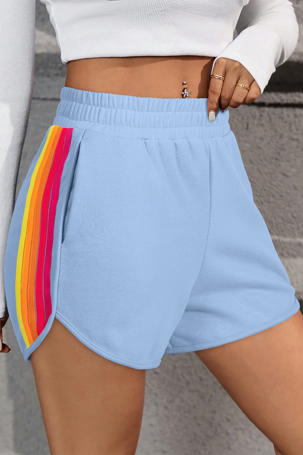 Bonbon Color Block Stripes Elastic High Waist Active Shorts