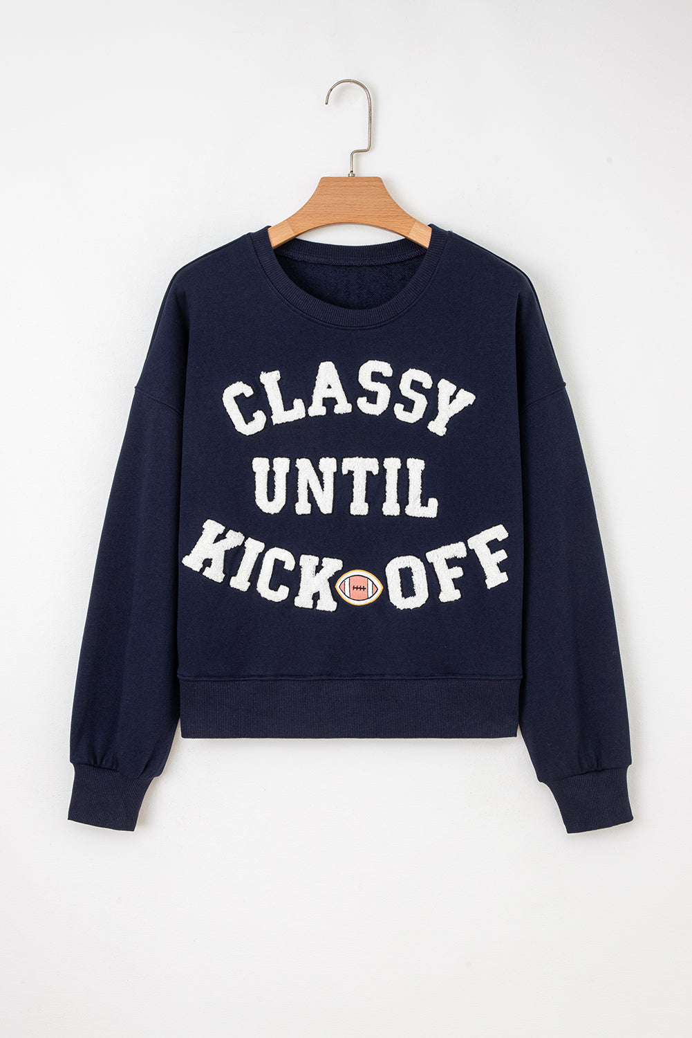 White CLASSY UNTIL KICKOFF Plush Letter Patched Loose Sweatshirt