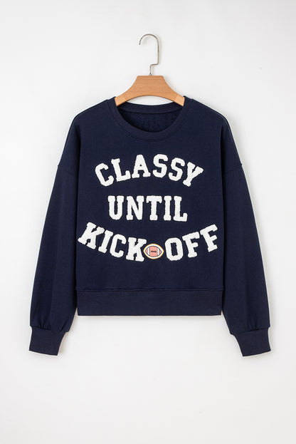 White CLASSY UNTIL KICKOFF Plush Letter Patched Loose Sweatshirt
