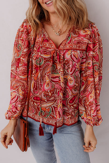 Multicolour Ethnic Paisley Print Tassel Tie Puff Sleeve Boho Blouse