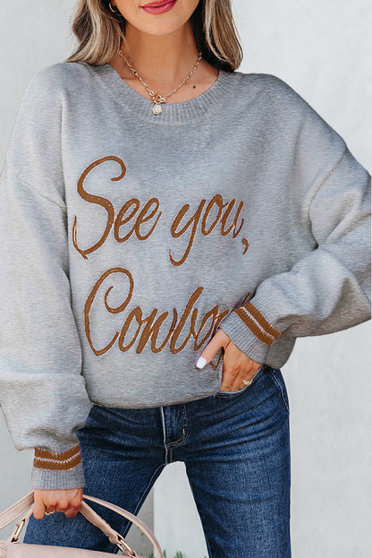 Light Grey See You Cowboy Embroidered Western Graphic Sweater