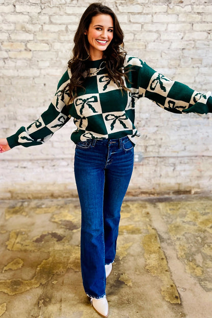 Blackish Green Checkered Bow Print Casual Sweater