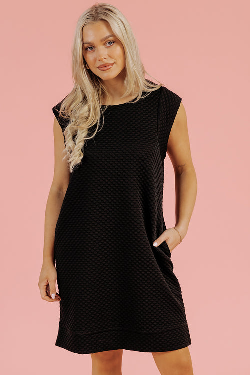 Black Textured Cap Sleeve T-shirt Shift Mini Dress
