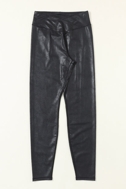 Dearlovers Black Crossed Dip Waist Sleek Leather Leggings