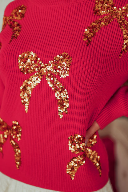 Fiery Red Sequin Bow Accent Drop Shoulder Festive Sweater