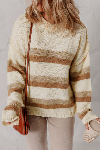 Khaki Stripe Exposed Seam Drop Shoulder Knit Baggy Sweater