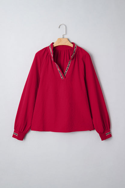 Racing Red Leopard Jacquard Print V Neck Textured Blouse