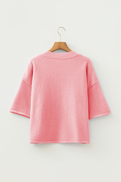 Peach Blossom 3/4 Sleeve Boxy Knit Button Down Sweater Cardigan