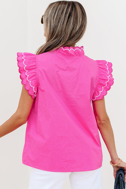 Bright Pink Contrast Scallop Trim Layered Short Sleeve V Neck Blouse