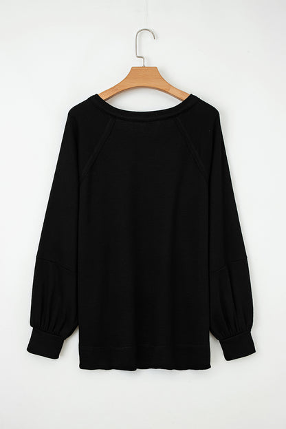 Black Exposed Seam Textured Knit V Neck Pullover Top