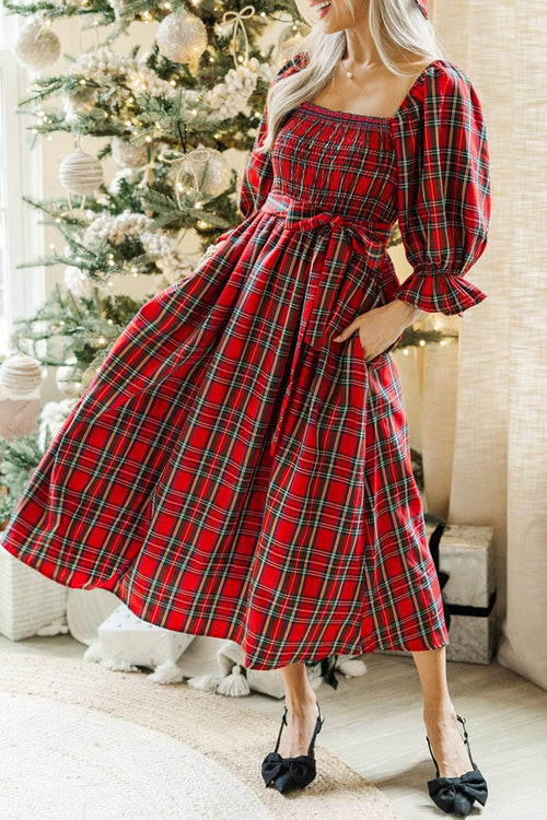 Red Tartan Plaid Square Neck Puff Sleeve Knot Waist Flared Midi Dress