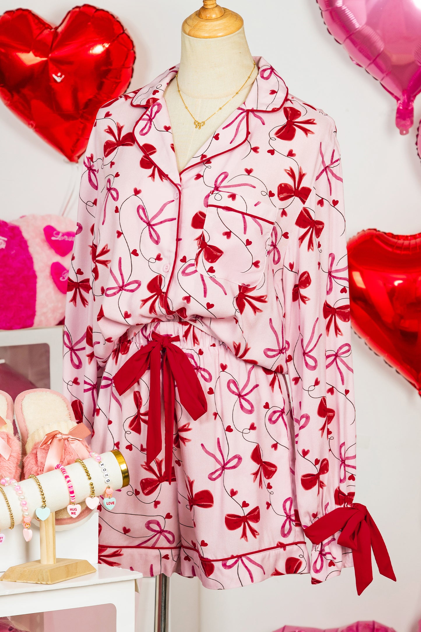 Red Bow Print Valentine Long Sleeve Shirt Shorts 2 Pcs Pajama Set