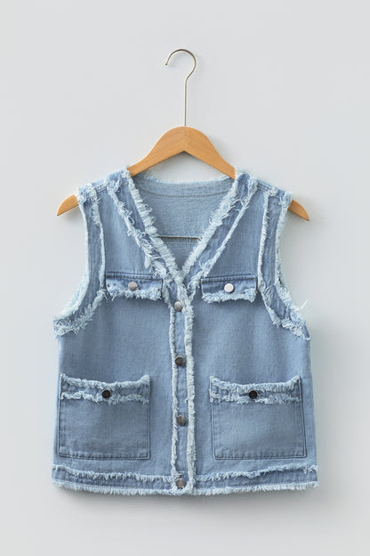 Beau Blue Frayed Edge Flap Pockets Denim Vest Jacket