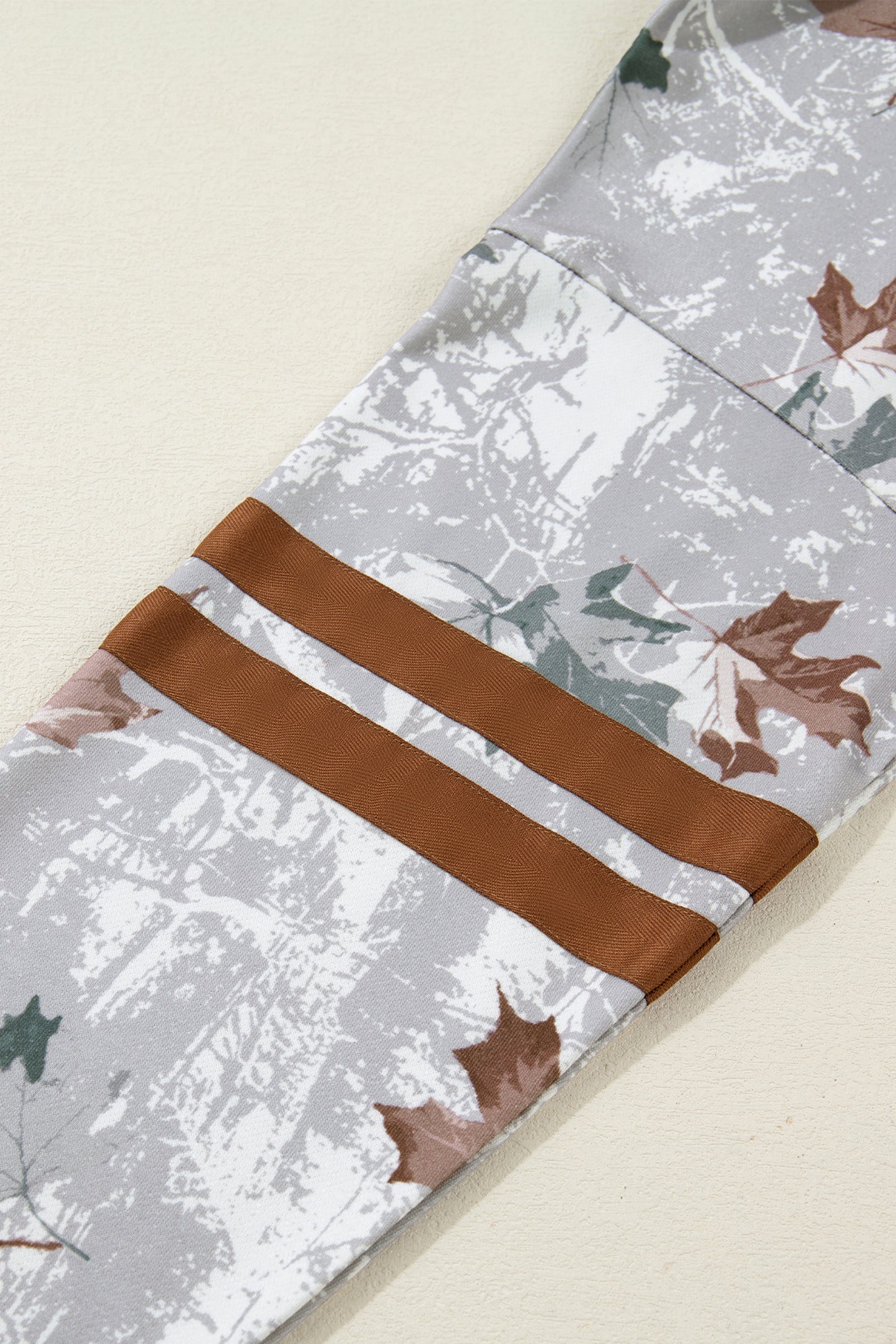 Gray Maple Leaf Camo Print Varsity Striped Sleeve Casual Sweatshirt