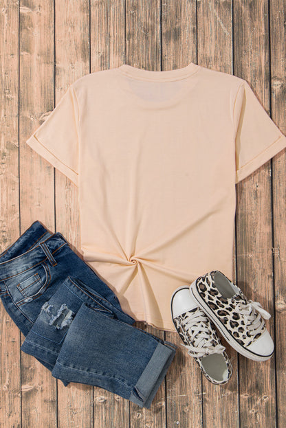 Khaki Sequin Horses Patched Casual Crewneck T Shirt