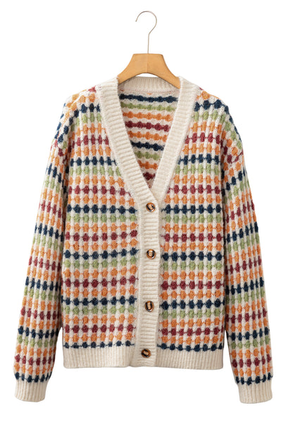 Multicolour Dotty Pattern Knit Button Front V Neck Sweater Cardigan