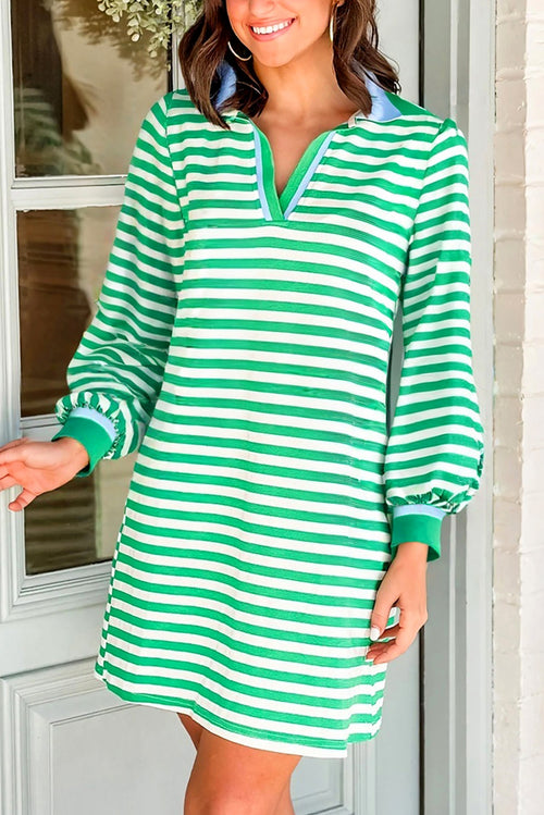 Green Striped Contrast Collar Split Neck Long Sleeve Mini Dress