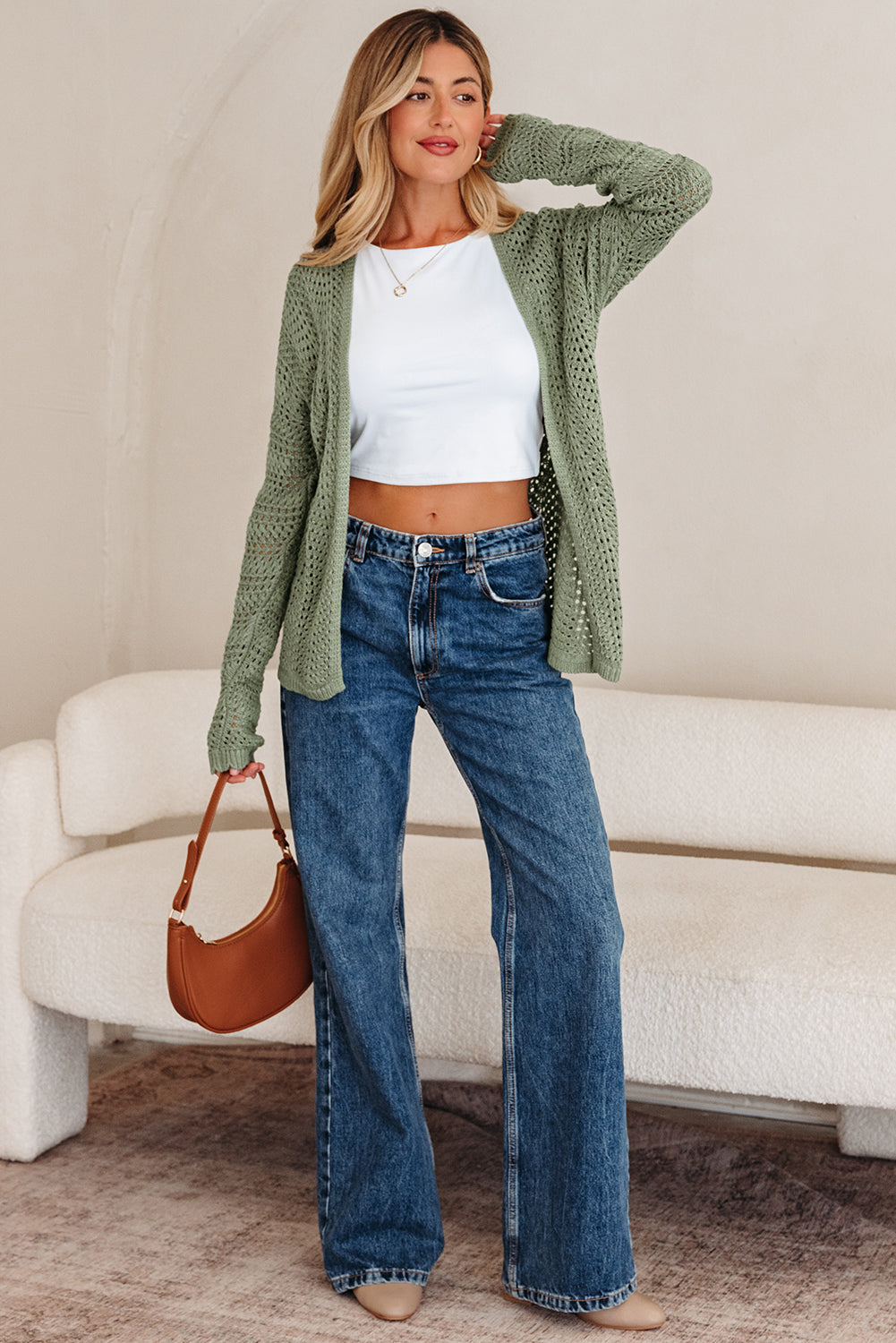 Green Bay Scalloped Edge Eyelet Knit Batwing Sleeve Cardigan