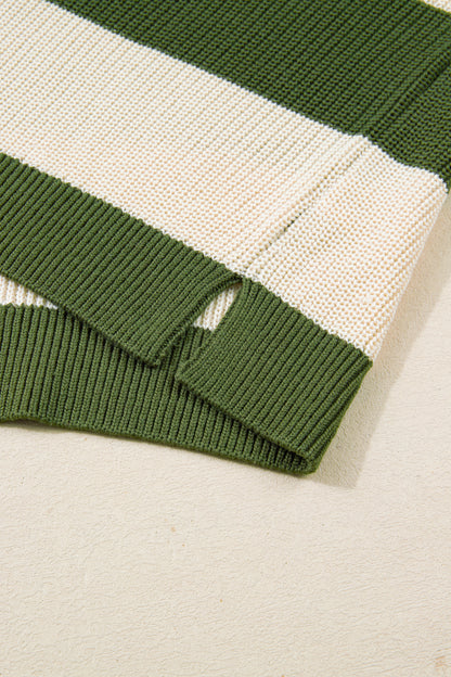 Green Stripe Colorblock Notched Neck Plus Size Sweater