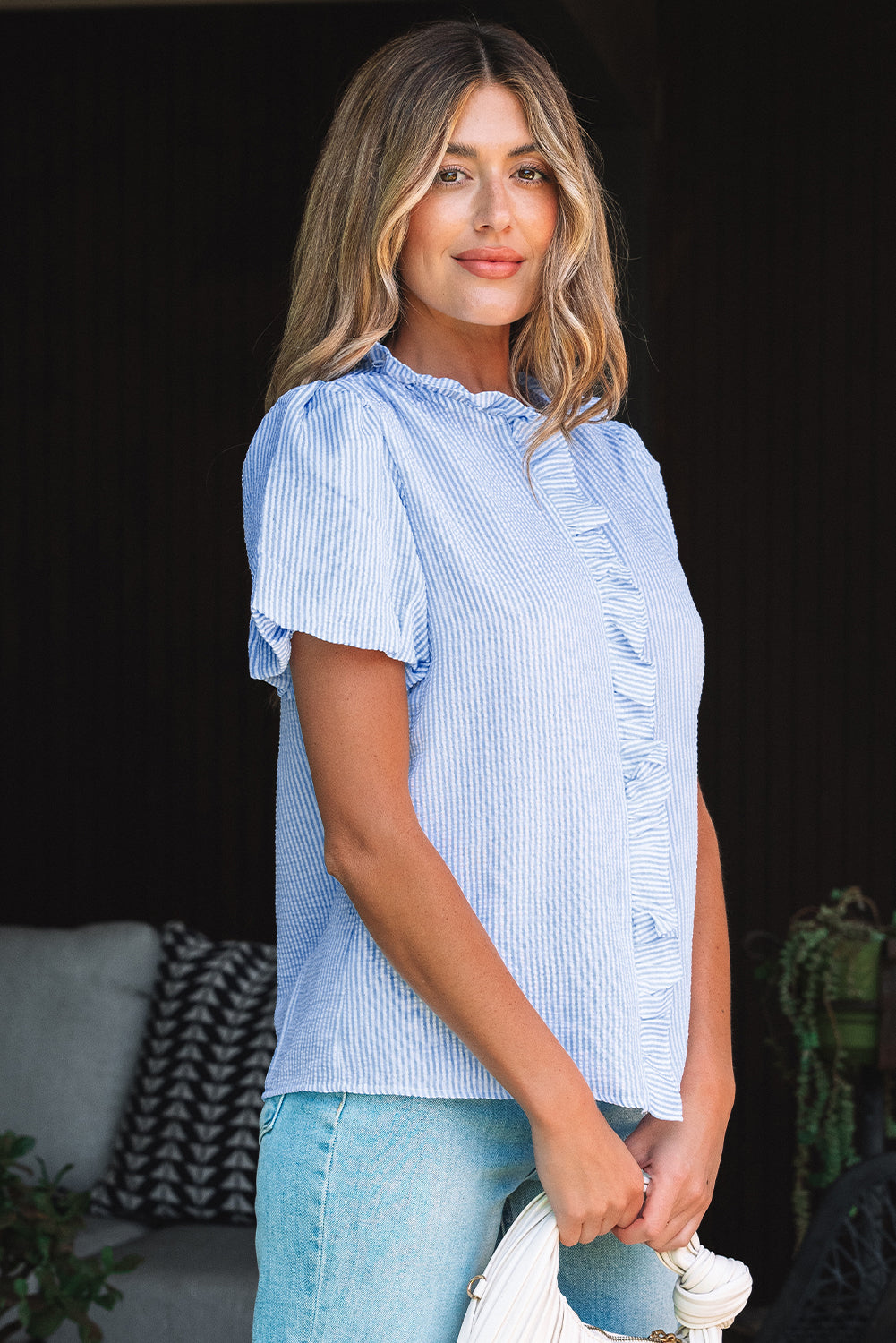 Black Striped Ruffle Short Bubble Sleeve Shirt