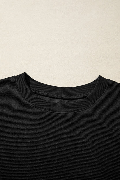 Black Ribbed Texture Baggy Drop Shoulder Pullover and Shorts Set