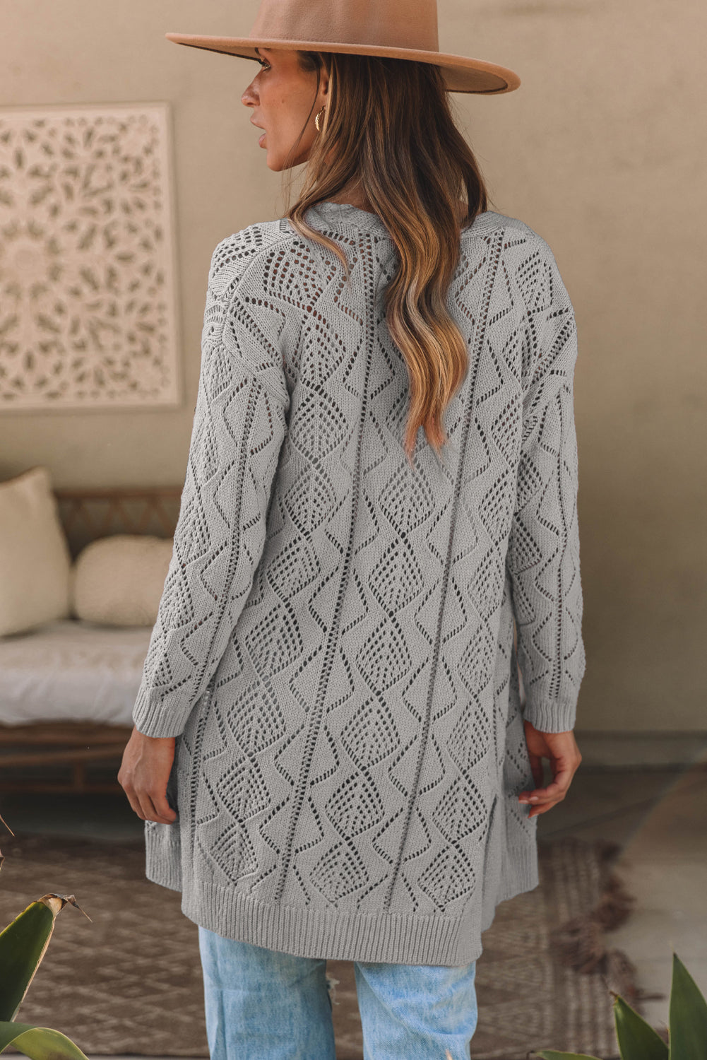 Gray Hollow-out Openwork Knit Cardigan