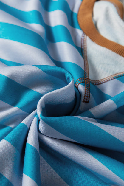 Sky Blue Stripe Contrast Color Ribbed Trim Round Neck Drop Shoulder Sweatshirt