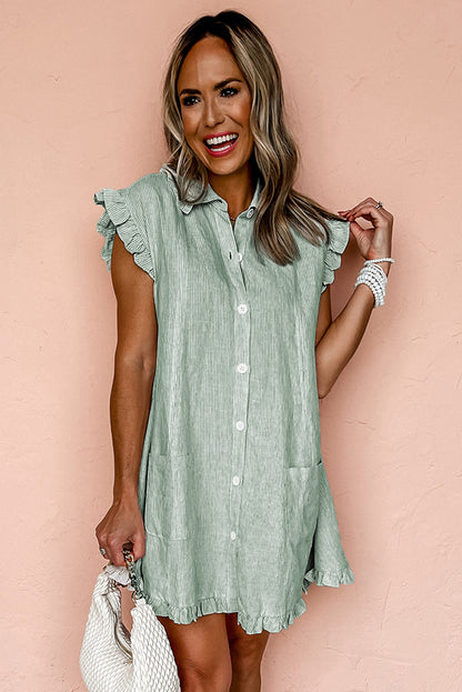 Green Stripe Frilled Sleeveless Collar Front Pocket Button Up Mini Dress