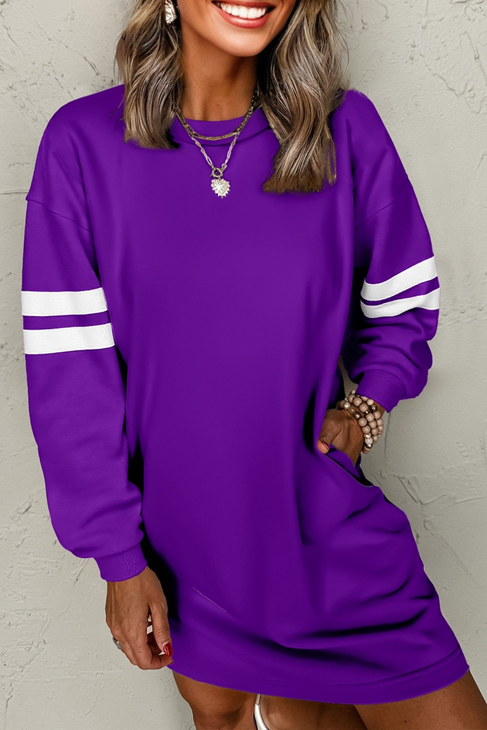 Tillandsia Purple Varsity Contrast Banded Sleeve Shift Sweatshirt Dress