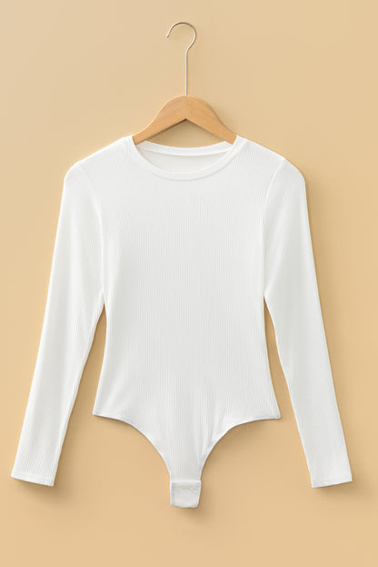 Black Ribbed Long Sleeve Crew Neck Solid Color Bodysuit