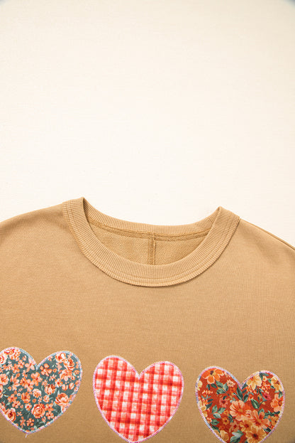 Straw Yellow Plaid Floral Heart Stitched Exposed Seam Mineral Wash Sweatshirt