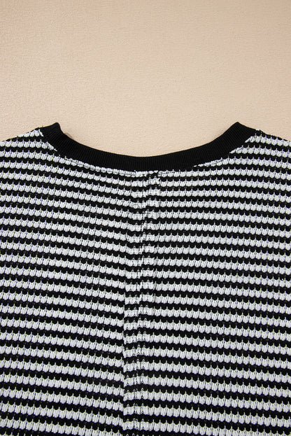 Black Stripe Ribbed Trim Drop Shoulder Long Sleeve Oversize Top