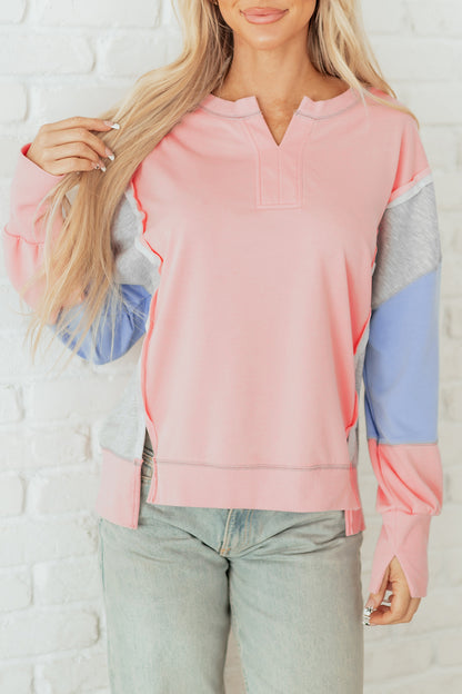 Apricot Pink Exposed Seam Color Block Patchwork Slit Cuffs Oversize Sweatshirt