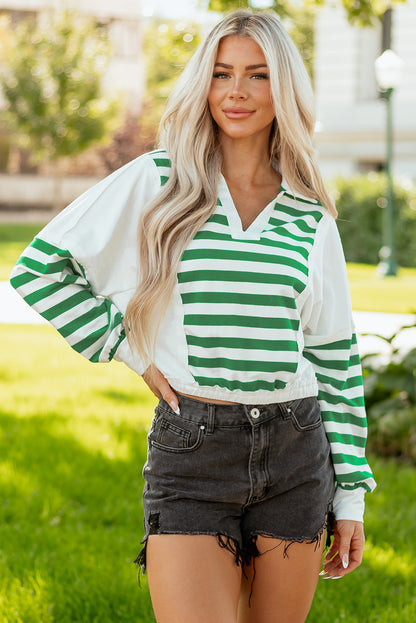 Green Stripe Colorblock Collared V Neck Cropped Knit Pullover