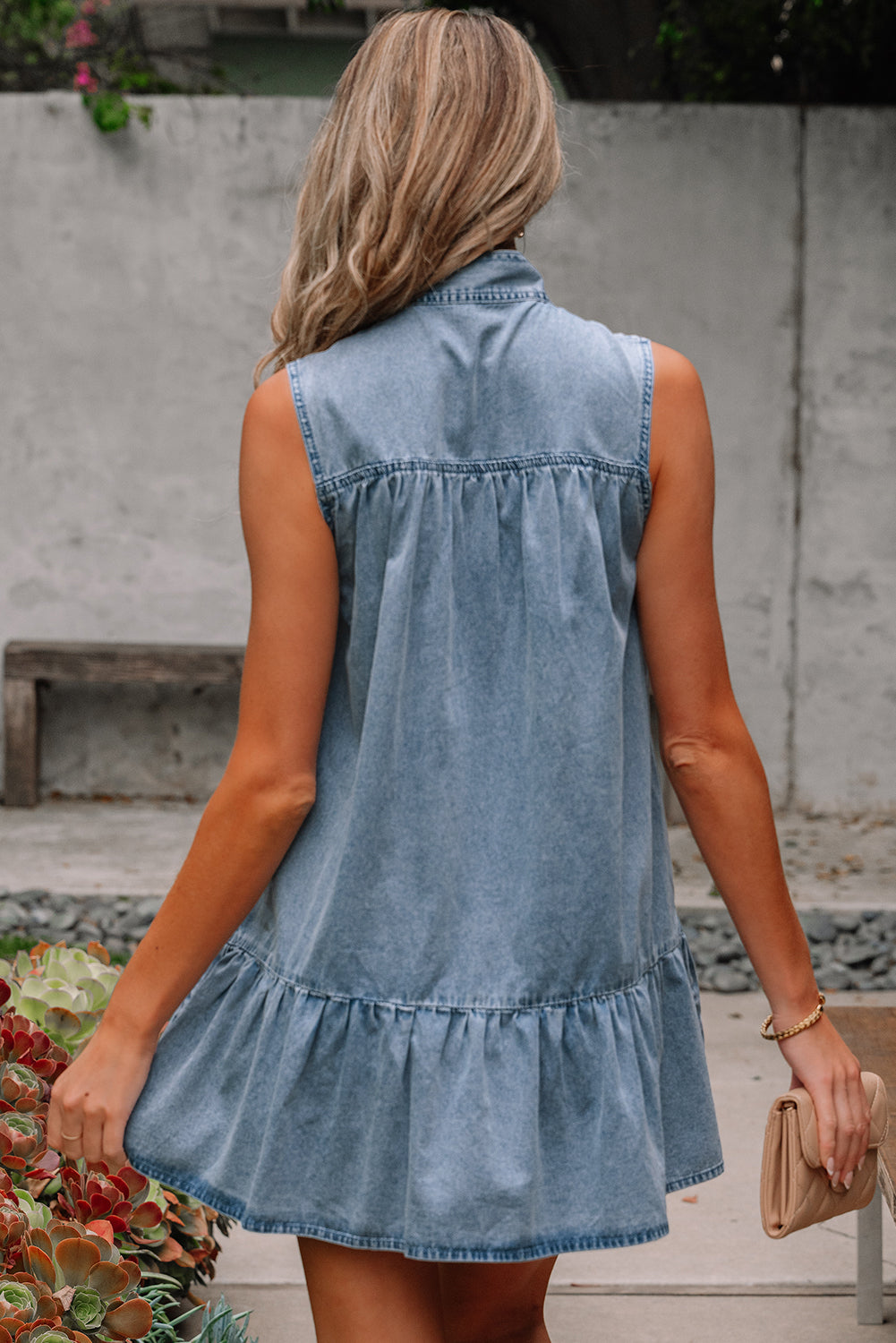 Real Teal Bowknot Neck Sleeveless Ruffled Chambray Dress