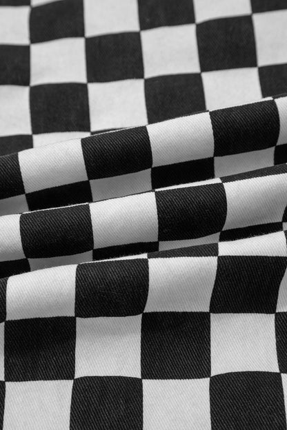 Black Checkerboard Print Distressed Holes Raw Edge Cropped Jeans