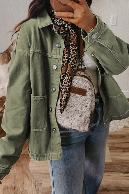 Smoke Green Patched Pocket Collared Button Front Boyfriend Denim Jacket