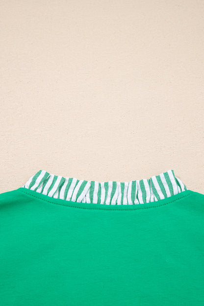 Dark Green Plus Size Button Front Ruffled Stripe Trim V Neck Flutter Sleeve Blouse