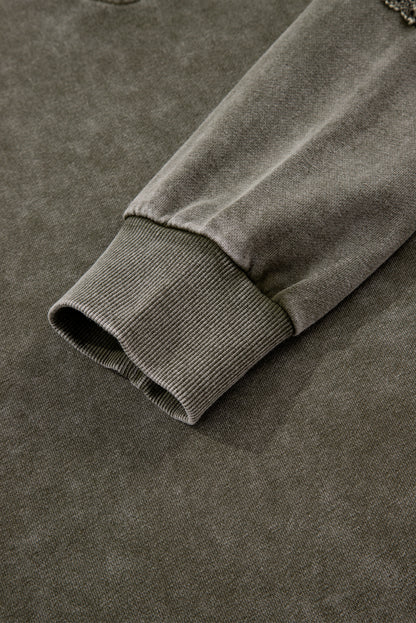 Jungle Green Lace Patchwork Detail Notched Neck Mineral Wash Baggy Sweatshirt