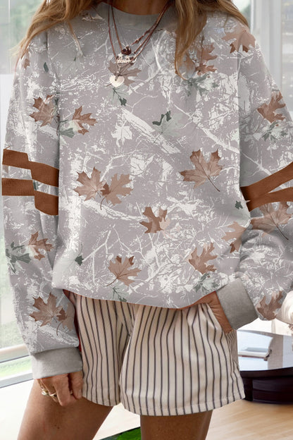 Gray Maple Leaf Camo Print Varsity Striped Sleeve Casual Sweatshirt