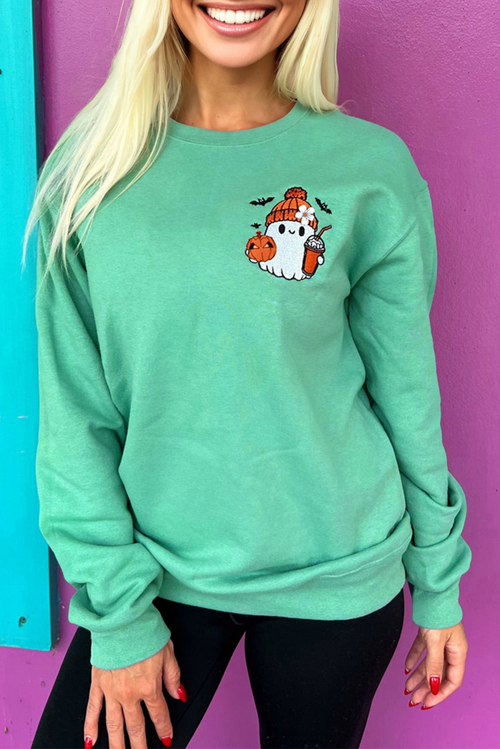 Aruba Blue Cute Halloween Ghost Embroidered Casual Sweatshirt