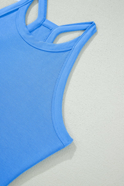 Sky Blue Slim Tank Top Elastic High Waist Shorts 2pcs Outfit