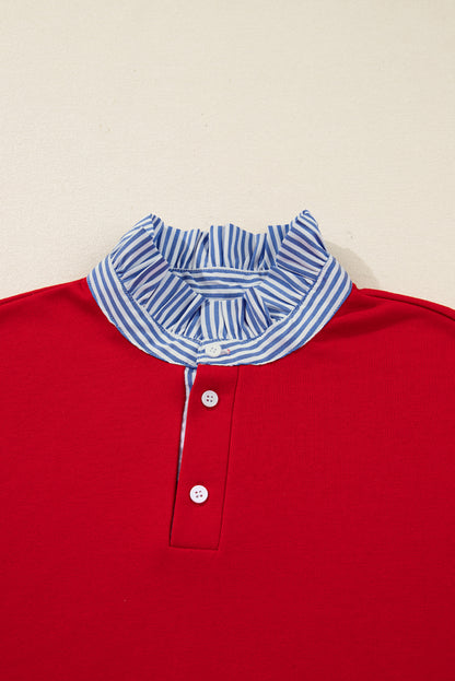 Racing Red Striped Collar Patchwork Satin Bow Sweatshirt and Shorts Set