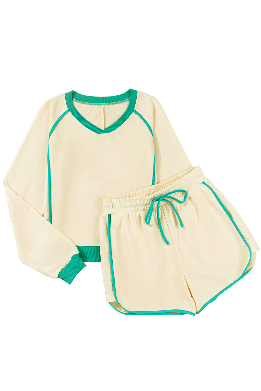 White Contrast Trim Colorblock Long Sleeve Pullover and Drawstring Shorts 2pcs Outfit