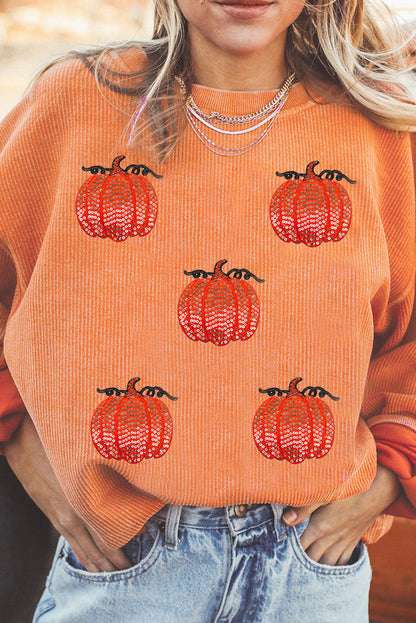 Orange Sequin Pumpkin Patched Twisted Rib Baggy Sweatshirt