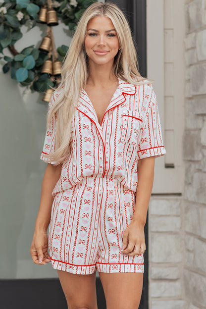Red Cute Bow Heart Print Ribbon Decor Short 2pcs Pajama Set