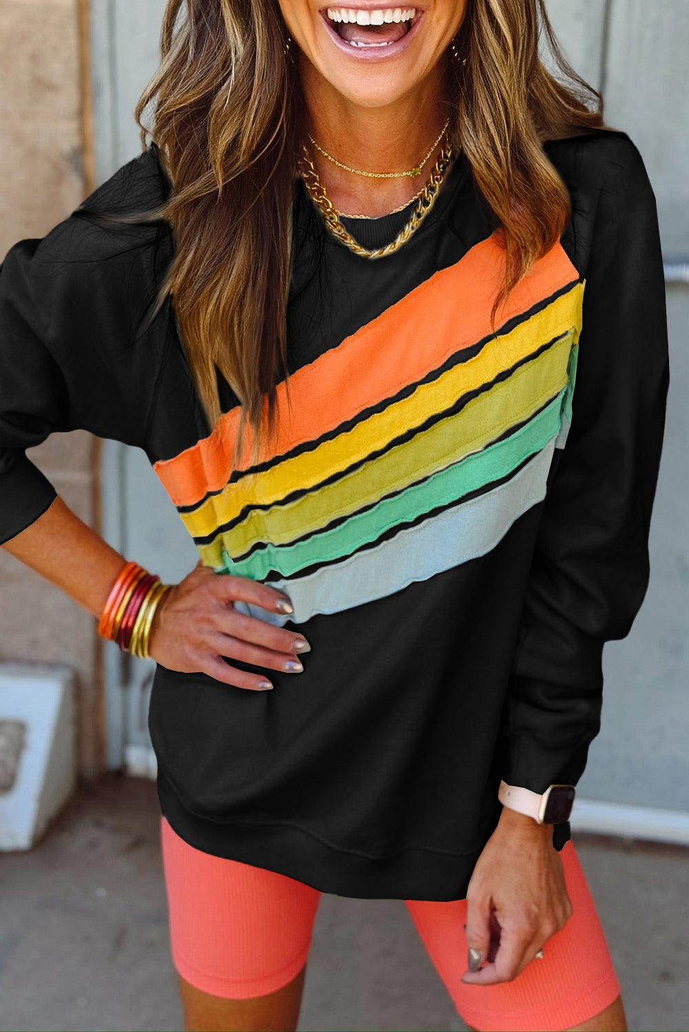 Apricot Rainbow Colorblock Striped Pullover Sweatshirt