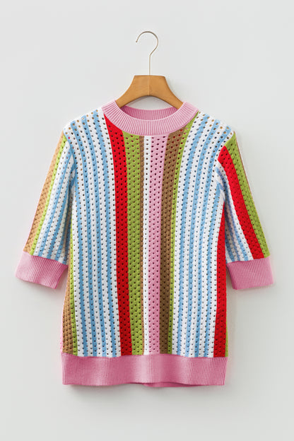 Multicolour Striped Pointelle Knit Short Sleeve Sweater