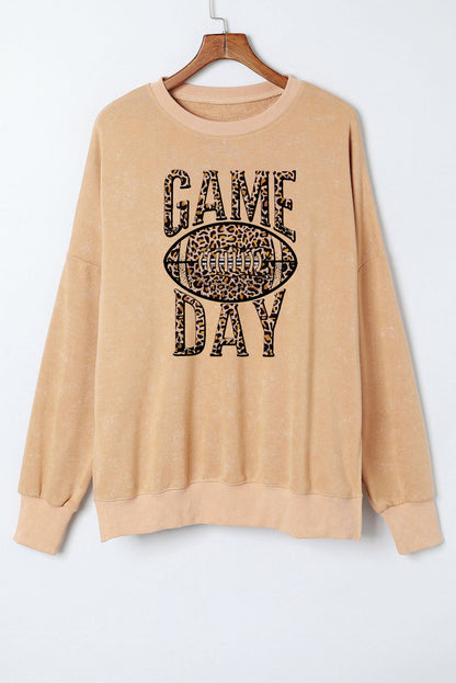 Khaki Loose Leopard Rugby Football GAME DAY Graphic Sweatshirt